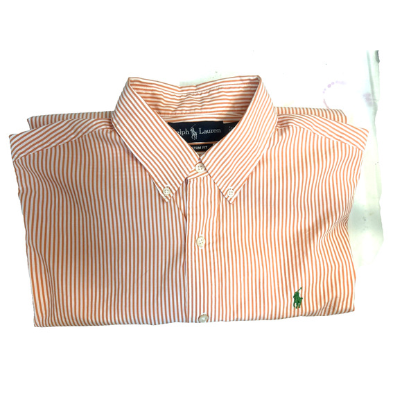 Ralph Lauren Shirt Orange White Striped Buttons Custom Fit Long Sleeve Men’s L - Picture 3 of 16